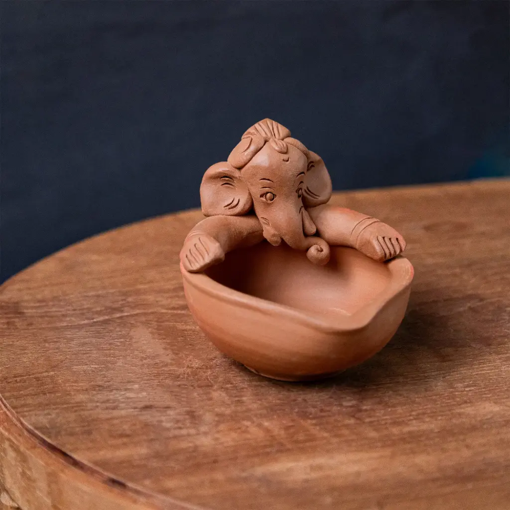 farmikart Terracotta Ganesha Diya Set of 2 | Handmade Clay Oil Lamps for Festival Puja, Diwali, Navratri & Home Decoration