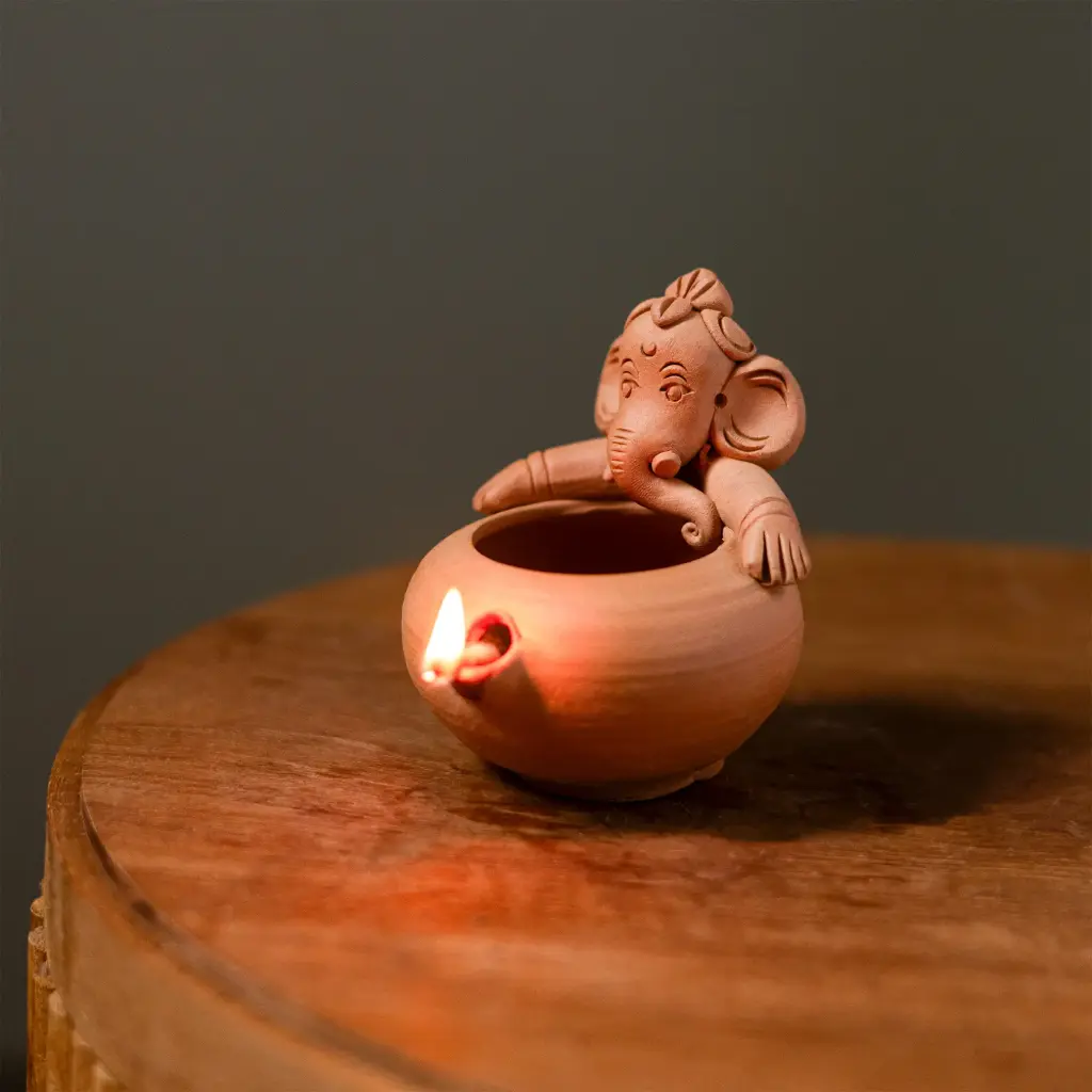 farmikart Handmade Ganesha Diyas (Set of 2) | Traditional Terracotta Akhand Oil Lamps | Decorative Mitti Deepam for Puja, Diwali, Navratri, Temple & Festive Home Décor