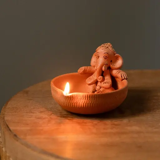 farmikart Handmade Ganesha Diya with Lord Ganesh Idol | Large Terracotta Oil Lamp | Traditional Diwali & Festival Decor for Home and Temple | Eco-Friendly Clay Lamp
